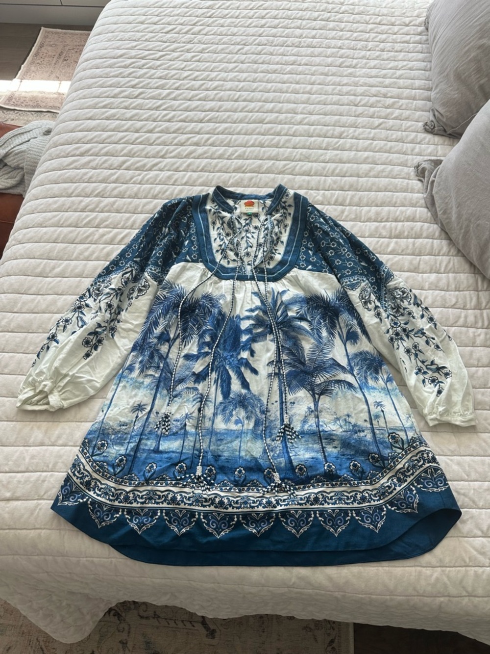 FARM Rio Blue and White Palm-Print Mini Dress - Picture 2 of 3